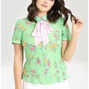 Hell Bunny Green Floral Blouse with Pink Accent
